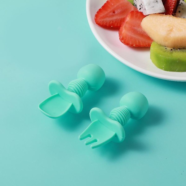 Baby Silicone Short Handle Fork Spoon Baby Food Spoon green