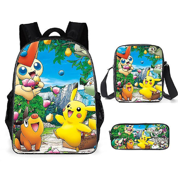 3pcs Pokmon Schoolbag Pikaqiu Backpack Polyester Comfortable Lightening Children's Bag 4