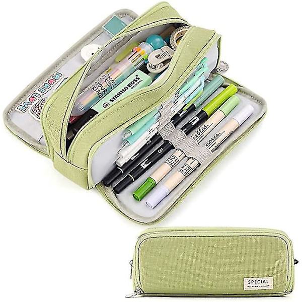 Large Pencil Case Big Capacity 3 Compartments Canvas Pencil Pouch For Students green