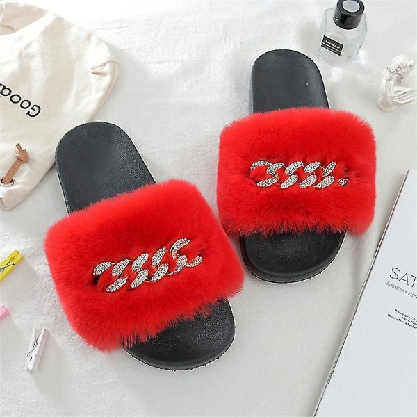 Women's Fluffy Faux Fur Slippers Comfy Open Toe Slides With Fle RED 43