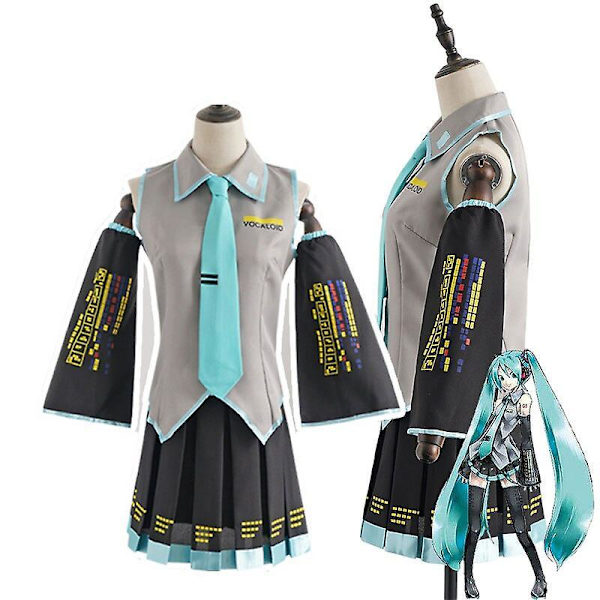 Kawaii Vocaloid Miku Cosplay Wig Costume Japan Midi Dress Beginner Future Female Halloween Girl's Cloth Green Full set XXL