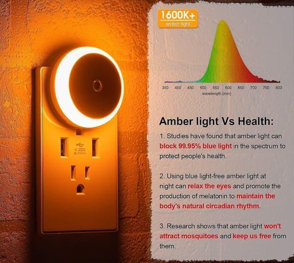 Amber Natlampe, Plug-in LED Natlampe, Skumring til Daggry Sensor