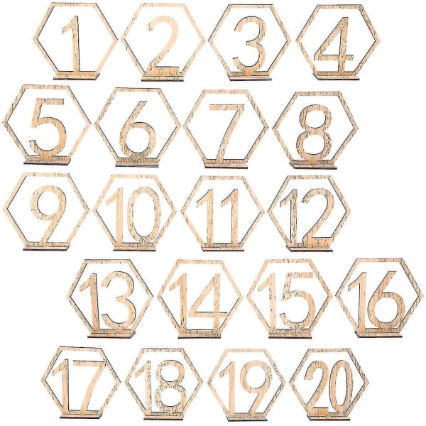 Wooden Table Numbers, 1-20 Wedding Table Numbers With Holder Base, Hexagon Shape,perfect For Wedding, Party, Events Or Catering Decoration
