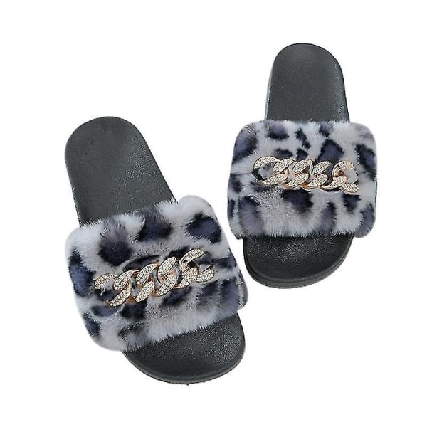 Women's Fluffy Faux Fur Slippers Comfy Open Toe Slides With Fle LEOPARD 39