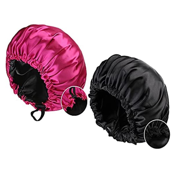 2 Pcs Satin Sleep Cap For Women Long Hair Silky Bonnet For Curly Hair Waterproof Satin Hair Cap For Sleeping Extra Black