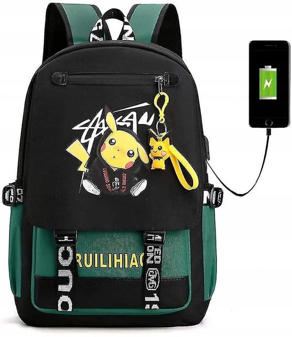 Pokemon Backpack With Usb Port Luminous Pattern Pikachu Backpack Green