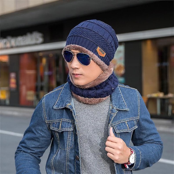 man Women Knitted Slouch Beanie Hat Tube Scarf Set Winter Snow Warm Ski Caps Navy Blue