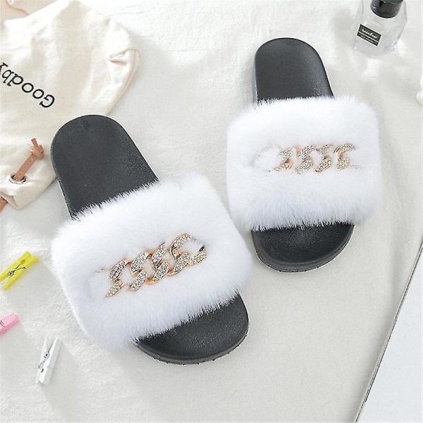 Women's Fluffy Faux Fur Slippers Comfy Open Toe Slides With Fle WHITE 43