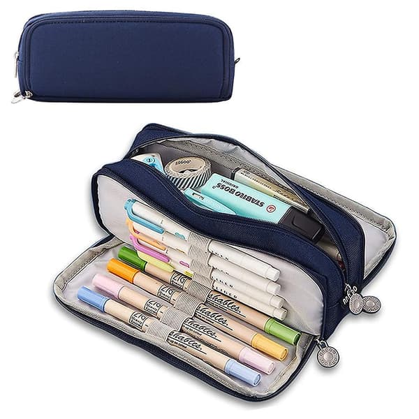 Large Pencil Case, Durable Pen Pouch With Big Capacity, Minimalist Blue