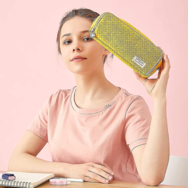 Large Pencil Case Big Capacity 3 Compartments Canvas Pencil Pouch For Students yellow