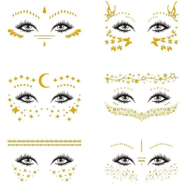 Set Of 6 Face Tattoo Stickers, Gold Temporary Transfer Tattoos On Face For Women Girls Halloween Masquerade Costume Party