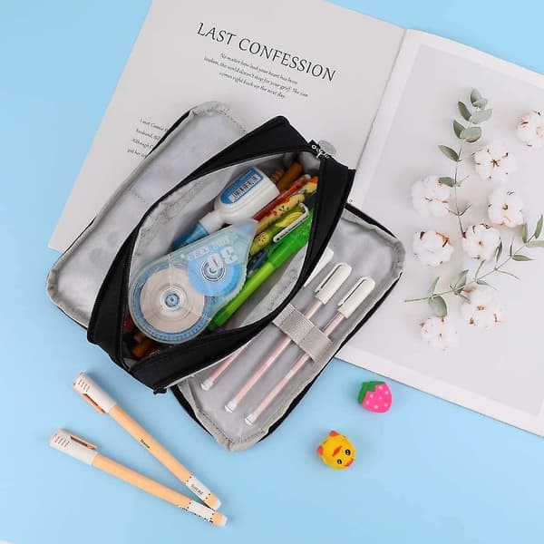 Large Pencil Case Pencil Pouch Canvas Stationery Bag With 3 Compartments For Students Black