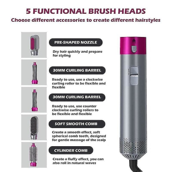 Electric Hair Styler Hair Dryers 5 In 1 Hair Curler Automatic Hair Straighteners Blow Dryer Brush Dry &amp; Wet Rose Red