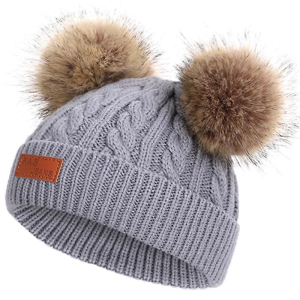 Kids Infant Baby Winter Warm Knit Beanie Cap Hat Boy Girl Double Pom Bobble Hats Grey