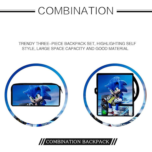 Sonic Backpack Shoulder Bag Pencil Case Outdoor School Backpack 3pcs Set 3-three