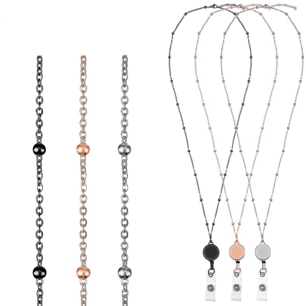 Retractable Badge Reel Lanyard With Id Holder,3pcs Beaded Badge Lanyard Necklace Color 1