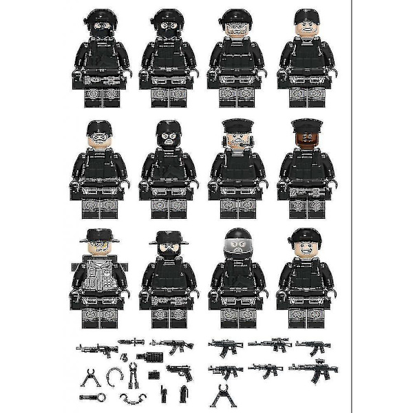 12 stk. Sort Swat Politi Minifigur Byggeklods Tilbehør Militær Legetøj