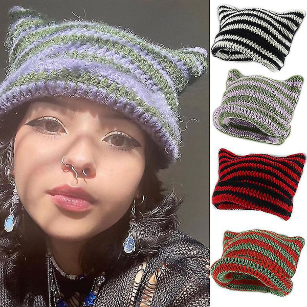 Striped Beanie With Cat Ear Women Contrast Cute Devil Horns Hat Girls Handmade Crochet Winter Warm Ski Cap For Halloween Gift Black