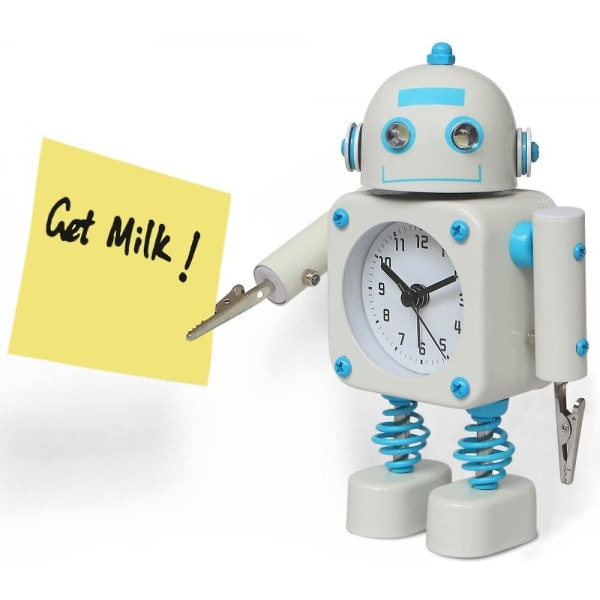 Non-ticking Robot Alarm Clock Stainless Metal - Wake-up Clock With Flashing Eye Lights And Hand Clip (white)