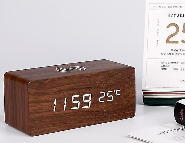 Wooden Digital Alarm Clock Wireless Charging With Date Temperature Humidity
