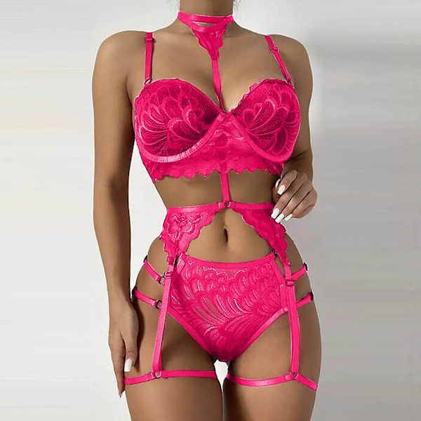 Women Sexy Solid Color Bralette Panty Strappy Lace Embroidery Lingerie Set Hot Pink XL