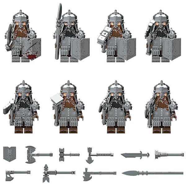 8 kpl Keskiaikainen Sarja Kääpiösoturi Soturi Pieni Hiukkanen Rakennuspalikka Minifiguuri
