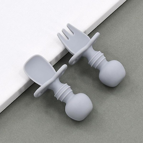 Silicone Spoon Fork Set Baby Self Feeding Utensils Practical Infant Training Gray