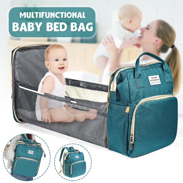 Diaper Backpack Foldable Baby Bed Large Capacity Mummy Bag With Changing Station Green