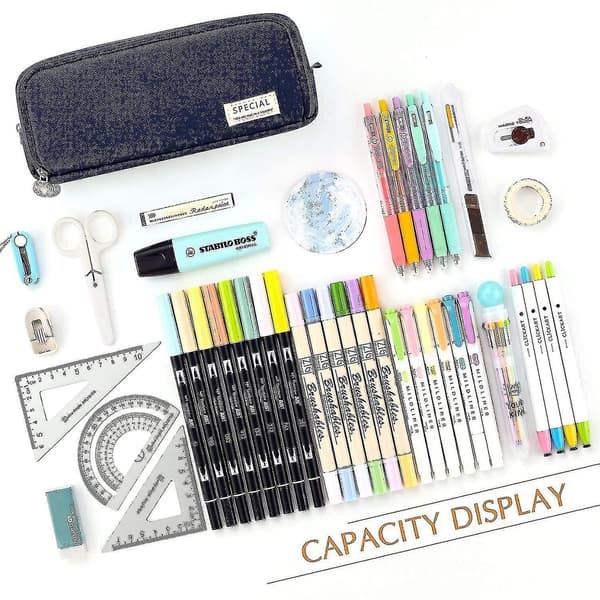 Large Pencil Case Big Capacity 3 Compartments Canvas Pencil Pouch For Students navy