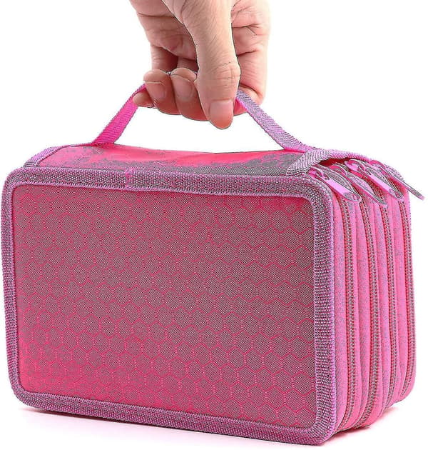 72 Slots 4-layer Zipper Pencil Case With Handle Strap, Oxford Fabric rose Red
