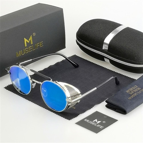 Retro Round Metal Sunglasses, Steampunk Men, Women, Glasses Uv Protection Silver-Blue