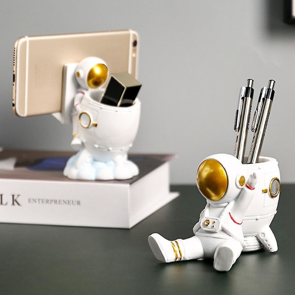 Multipurpose Astronaut Pen Holder Creative Phone Holder Painted Resin Ornament Seated