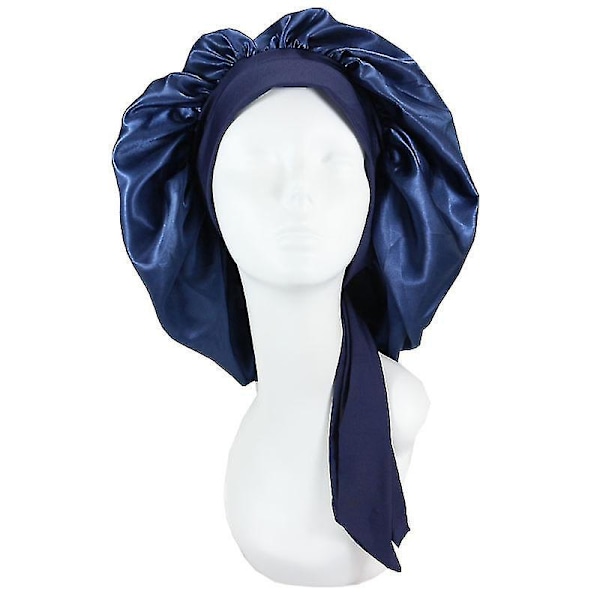 Silke Bonnet Satin Bonnet Til Søvn Bonnet Med Bånd Nat Hætte navy blue