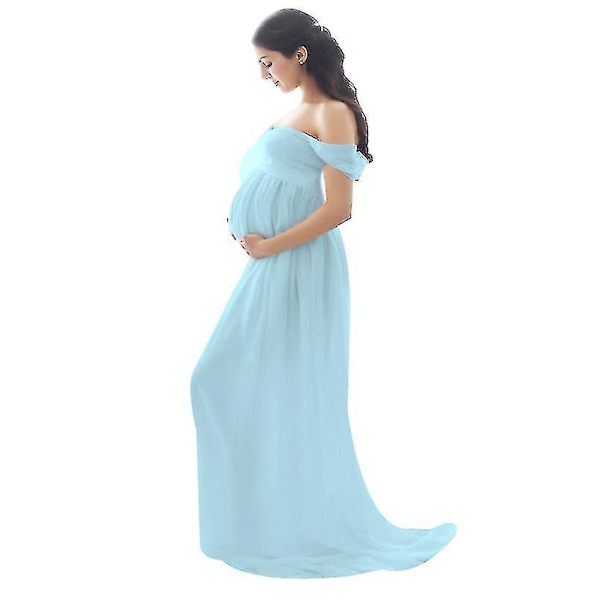 Maternity Dress For Photography Off Shoulder Chiffon Gown Split Front Maxi Pregnancy Dresses Baby Shower Dress Pregnancy Dresses For Photo Shoot Blue M