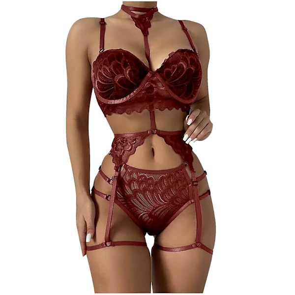 Women Sexy Solid Color Bralette Panty Strappy Lace Embroidery Lingerie Set Wine M