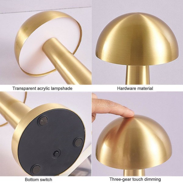 Rechargeable Led Table Lamp Touch Sensor Desk Light Bedroom Restaurant Bar Decor Gold Mushroom