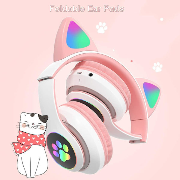Bluetooth 5.0 Children Cat Ear Led Glowing Wireless Headset Noise Reduction Headset Pink