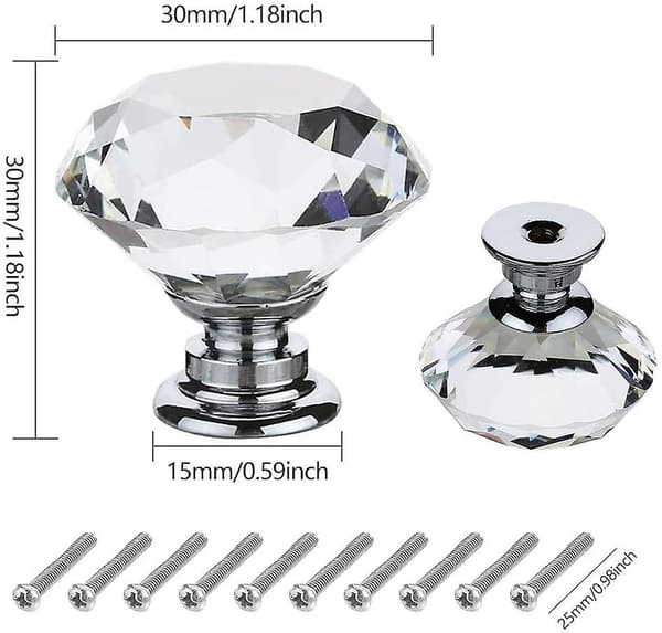 20pcs Crystal Cabinet Knobs 30mm Clear Glass Drawer Knobs Glass Diamond Cut Shape Cupboard Door Handles
