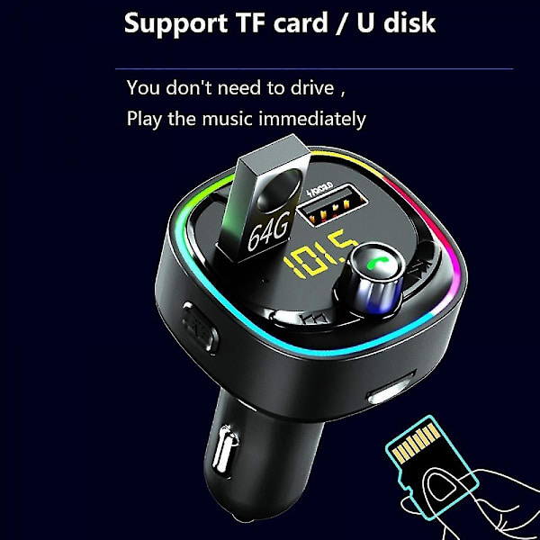 Bluetooth FM -lähetin autoon, QC3.0 & 7 värin LED-taustavalaistu autoradio Bluetooth -sovitin musiikkisoitin handsfree-autosarja SD-korttipaikalla