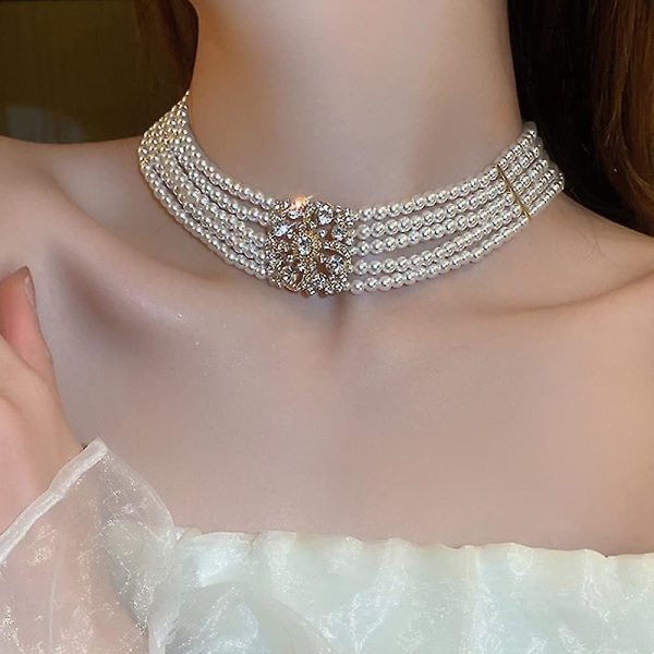 1920s Delicate Boho Rhinestone Pearl Choker Necklace Chain Layered Choker Pendant Necklace Prom Part