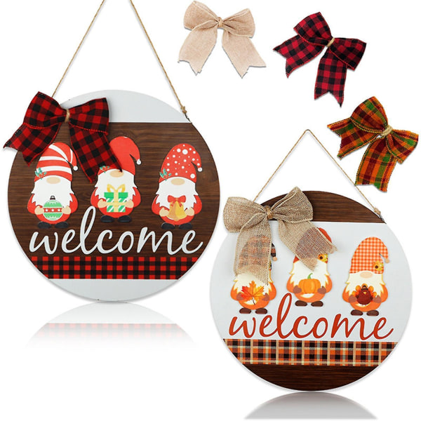 Double Sided Printed Gnome Wooden Sign For Fall And Christmas Decor Interchangeable Front Door Welcome Sign