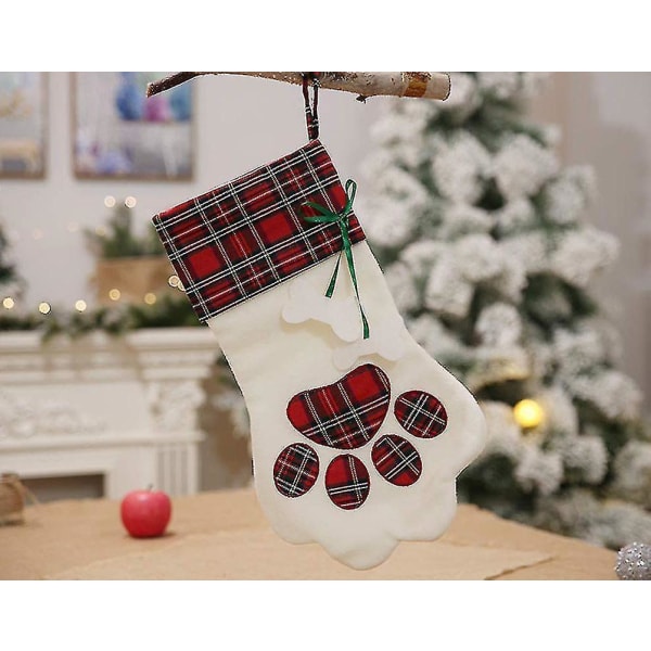 Dog Paw Christmas Stocking Embroidered Plaid Puppy Paw Xmas Stocking