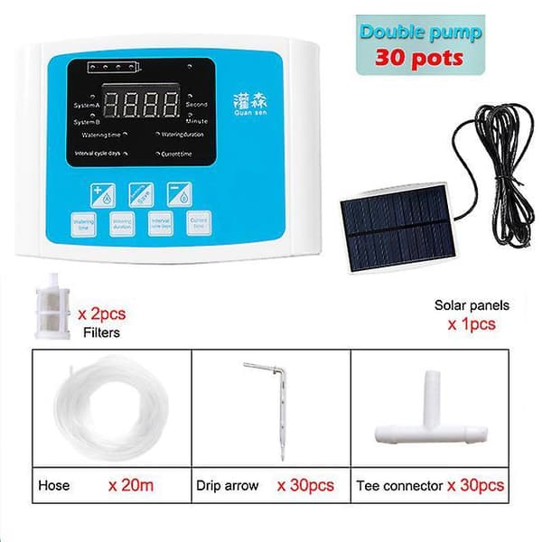 Intelligent Drip Irrigation Water Pump Timer System Garden Automatic Watering Device Solar Energy Charging Potted Plant double pump 20m blue