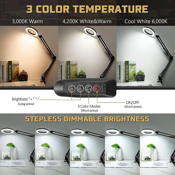 Led Magnifying Lamp With Clamp, 1,500 Lumens Stepless Dimmable, 3 Color Modes
