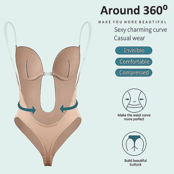 Women Plunging Deep V-neck Body Shaper Strapless Backless Bodysuit Shapewear U Plunge Seamless Thong Beige M(34)