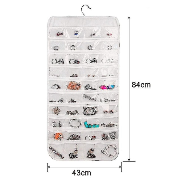 Hanging Jewelry Organizer, Non-woven Double Sides 80 Clear Pockets Jewelry Wall Organizer For Storing Jewelries, Earrings, Necklaces, Makeups White