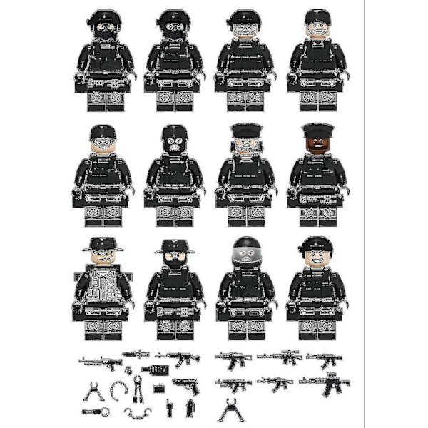 12 kpl Musta Swat Poliisi Minifiguuri Rakennuspalikka Tarvikkeet Sotilaallinen Lelu