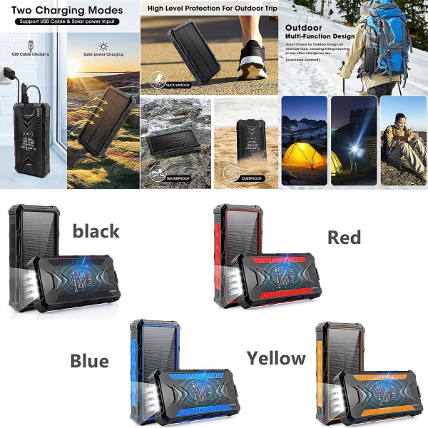 Solar Power Bank Camping Lantern Wireless Charger Portable High Capacity Ip6 Waterproof Emergency Power Supply black