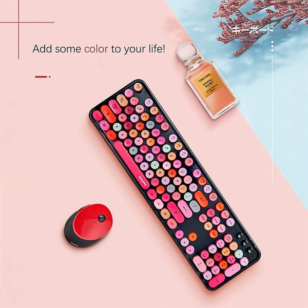 Wireless Keyboard And Mouse Combination, 2.4g Usb Ergonomic Keyboard, Cute Round Retro Typewriter Keycaps, (red Mixed Style Keyboard + Mouse)