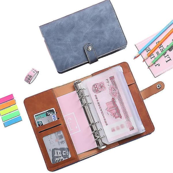 Leather Binder Budget Planner Cash Envelope Wallet System retro blue